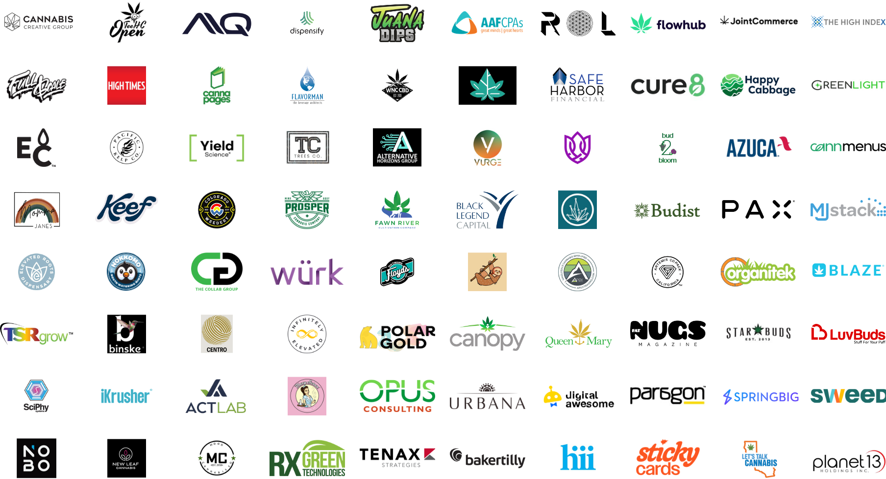 Past attendees of the Elevated Minds Social Hour — including Cannabis Creative Group, High Times, Flowhub, PAX, Canopy, Planet 13, AAFCPAs, Baker Tilly, Springbig, Sweed, Wurk and many more